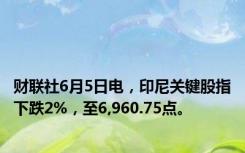 财联社6月5日电，印尼关键股指下跌2%，至6,960.75点。