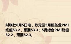 财联社6月5日电，欧元区5月服务业PMI终值53.2，预期53.3；5月综合PMI终值52.2，预期52.3。