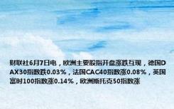 财联社6月7日电，欧洲主要股指开盘涨跌互现，德国DAX30指数跌0.03%，法国CAC40指数涨0.08%，英国富时100指数涨0.14%，欧洲斯托克50指数涨