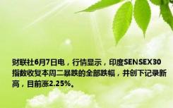 财联社6月7日电，行情显示，印度SENSEX30指数收复本周二暴跌的全部跌幅，并创下记录新高，目前涨2.25%。