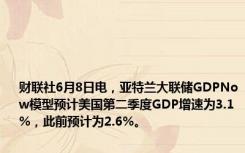 财联社6月8日电，亚特兰大联储GDPNow模型预计美国第二季度GDP增速为3.1%，此前预计为2.6%。