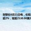 财联社6月11日电，伦铝日内跌超2%，现报2530.00美元/吨。
