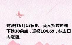财联社6月13日电，美元指数短线下跌30余点，现报104.69，抹去日内涨幅。