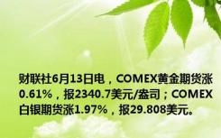 财联社6月13日电，COMEX黄金期货涨0.61%，报2340.7美元/盎司；COMEX白银期货涨1.97%，报29.808美元。