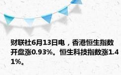 财联社6月13日电，香港恒生指数开盘涨0.93%。恒生科技指数涨1.41%。