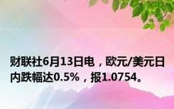 财联社6月13日电，欧元/美元日内跌幅达0.5%，报1.0754。