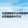 比亚迪奖励21位线索提供人：初步奖励最高30万元