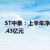 ST中泰：上半年净亏损2.43亿元