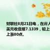 财联社8月21日电，在岸人民币兑美元收盘报7.1339，较上一交易日上涨80点。