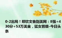 0-2出局！郑钦文告别美网：8强+430分+53万美金，猛女晋级-今日头条