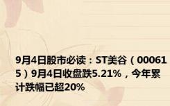 9月4日股市必读：ST美谷（000615）9月4日收盘跌5.21%，今年累计跌幅已超20%
