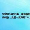财联社9月9日电，菜油期货主力合约转涨，此前一度跌超2%。