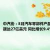 中汽协：8月汽车零部件产品进口金额达27亿美元 同比增长9.4%