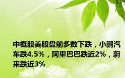 中概股美股盘前多数下跌，小鹏汽车跌4.5%，阿里巴巴跌近2%，蔚来跌近3%