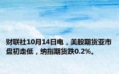 财联社10月14日电，美股期货亚市盘初走低，纳指期货跌0.2%。
