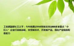 工信部副部长王江平：今年将通过中央财政支持1000多家重点“小巨人”企业打造新动能、攻坚新技术、开发新产品、强化产业链的配套能力