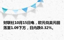 财联社10月15日电，欧元兑美元回落至1.09下方，日内跌0.32%。